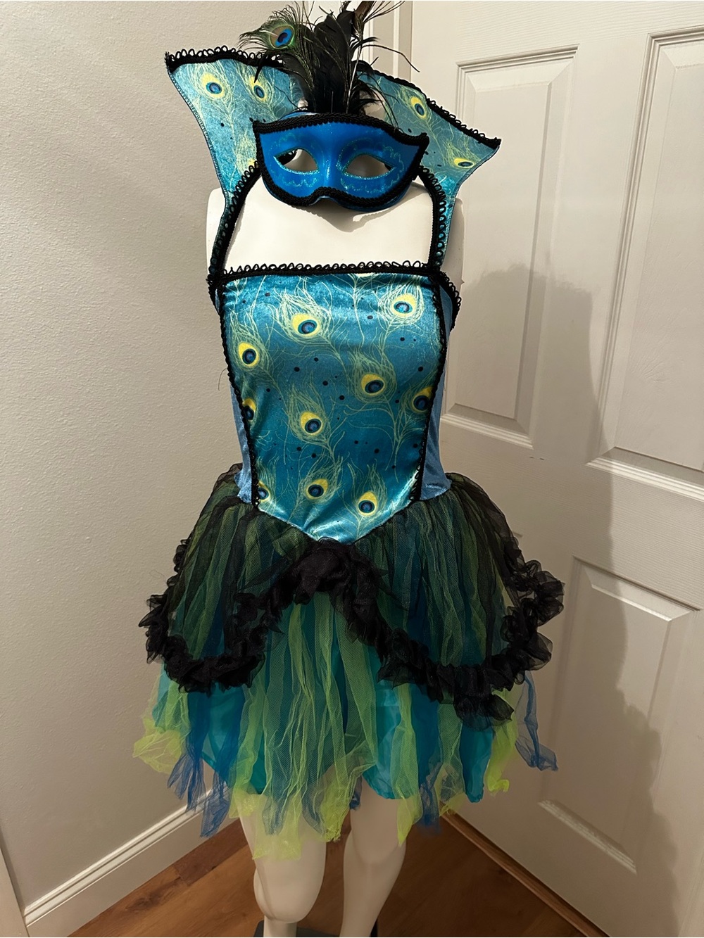 Women’s Peacock Costume Dress with Mask - Blue/Green small/medium